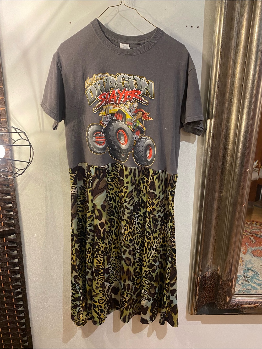 OOAK Upcycled Dragon Slayer Graphic Tee Dress with Green Leopard Print